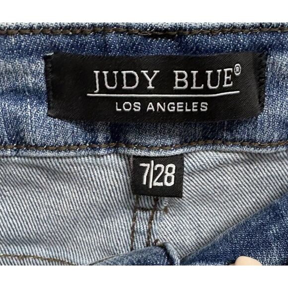 Judy Blue Bootcut Distressed Jeans Women’s Size 7/28 Blue Denim Plaid Patch - Picture 5 of 8